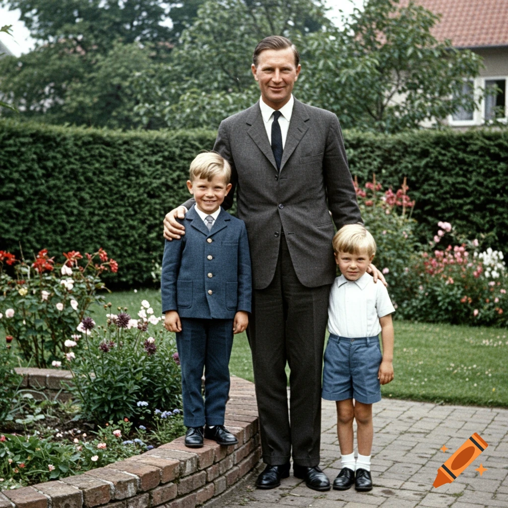 A man and two young boys smiling in a garden with a brick flowerbed in a 1960s color photo.