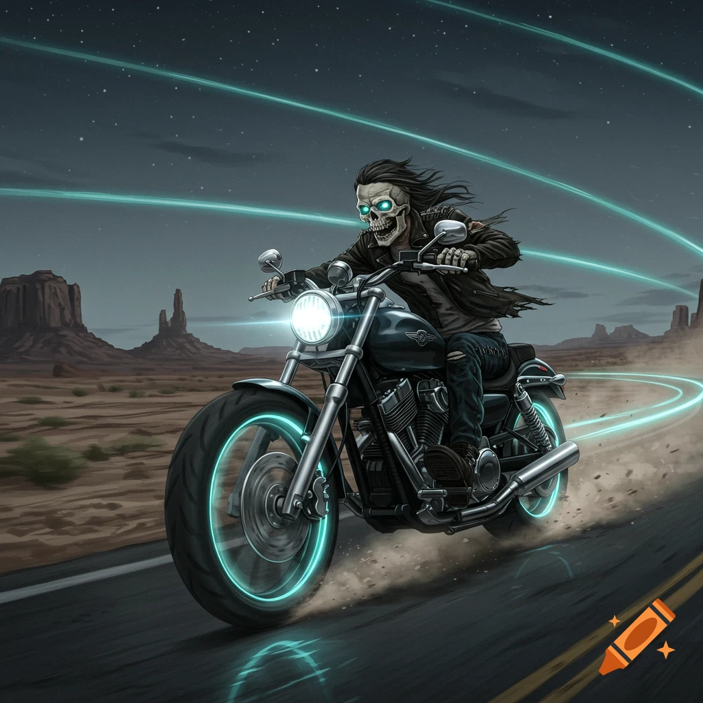 Stylized illustration of a glowing-eyed skeleton riding a motorcycle at night through a desert landscape with blue light trails.