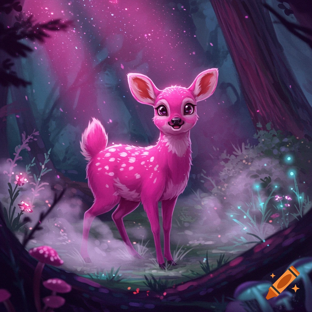A vibrant pink deer with white spots and large eyes stands in a magical, glowing, dark forest.