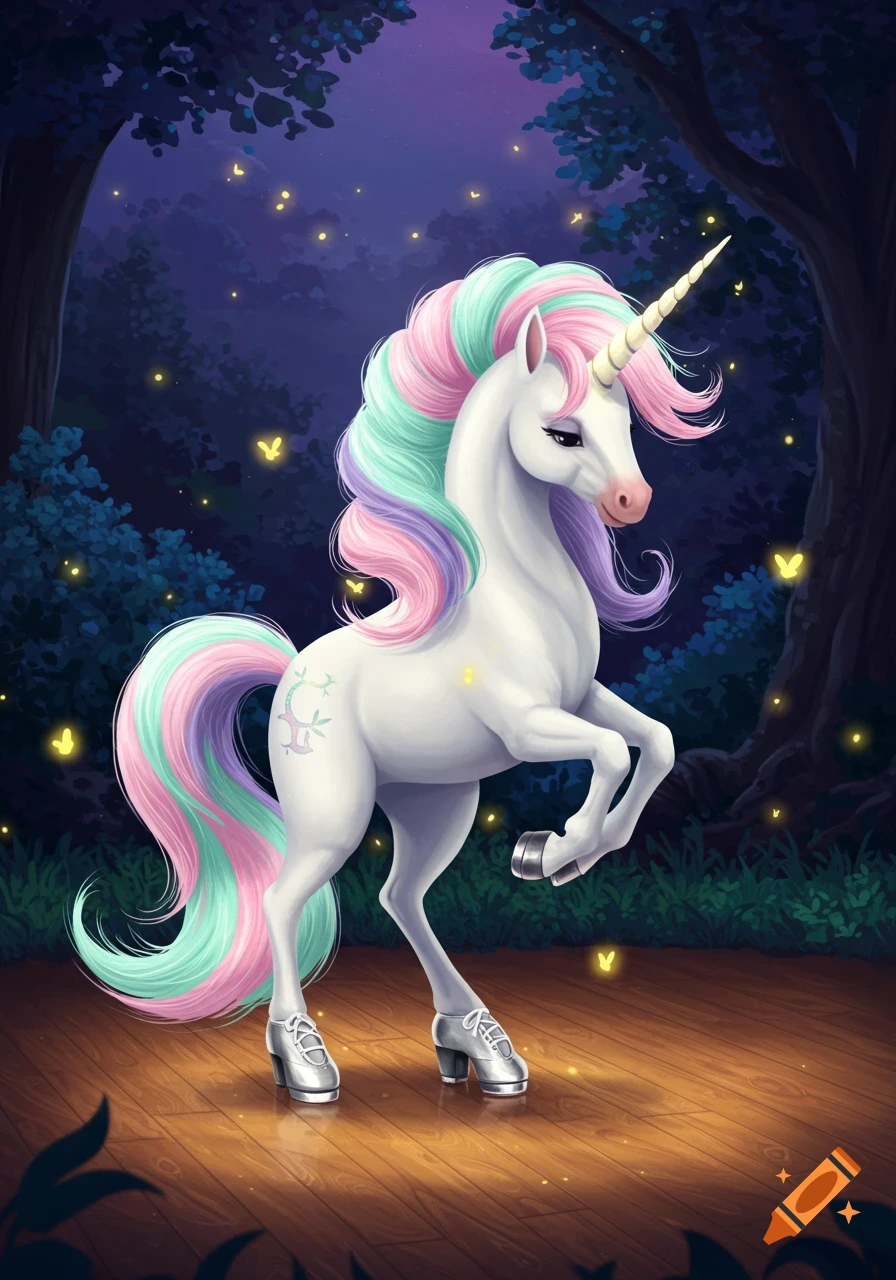 A white unicorn with a rainbow mane and tail stands on a wooden floor in a mystical forest at night, wearing silver tap dancing shoes, with fireflies glowing around it.