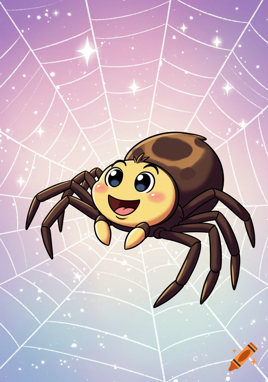 A happy cartoon spider with big eyes and a smile hangs on a spiderweb against a pastel purple and blue sky with sparkling stars.