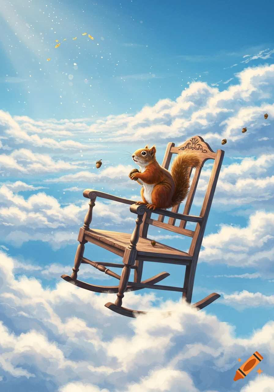 A whimsical illustration of a squirrel holding acorns on a rocking chair floating among white clouds in a blue sky.