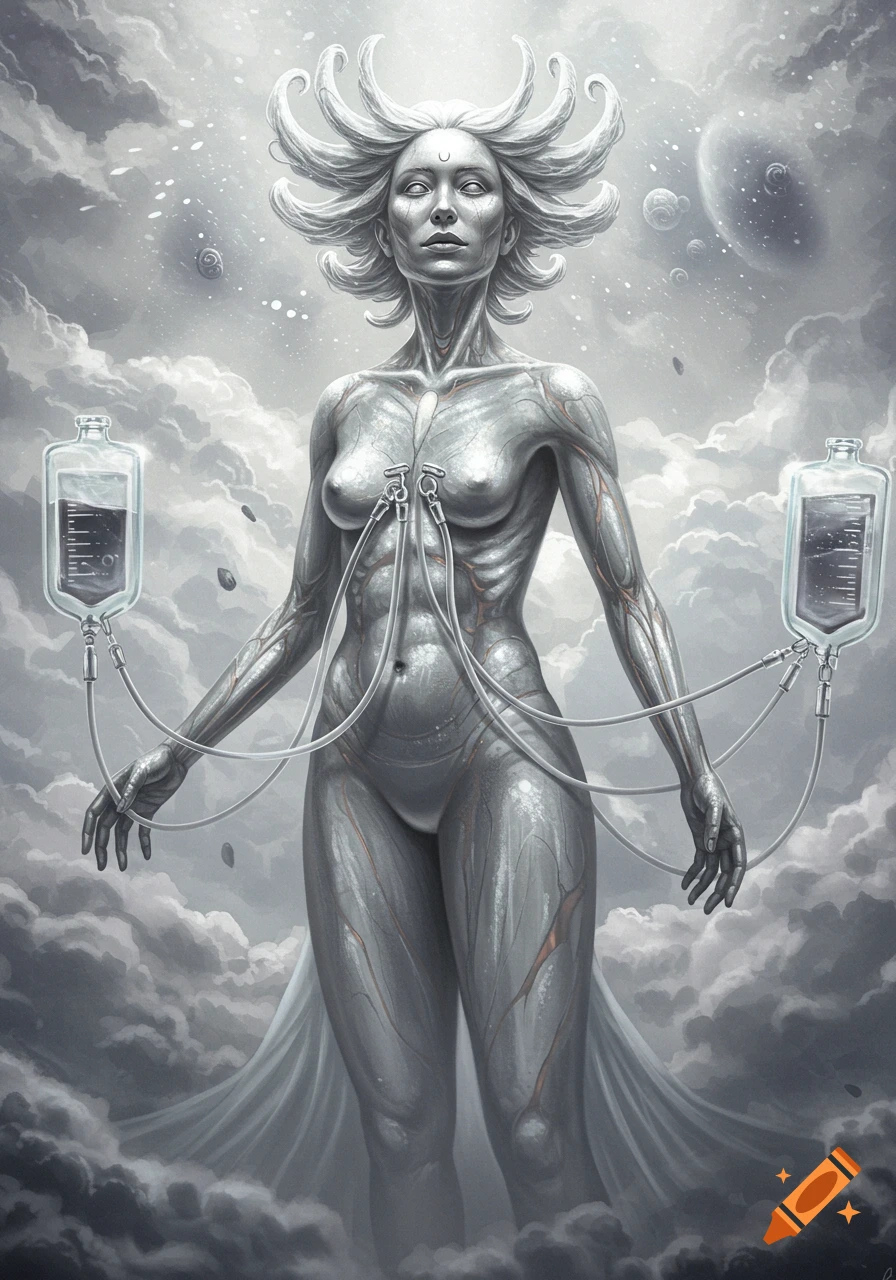 Monochromatic fantasy art of a nude, god-like figure receiving an infusion, standing among clouds and celestial bodies.