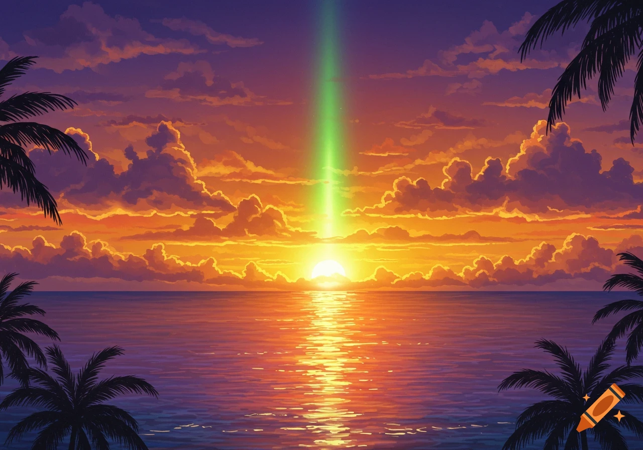 Stylized sunset over the ocean with a vibrant green light beam reaching into the purple sky, framed by palm tree silhouettes.