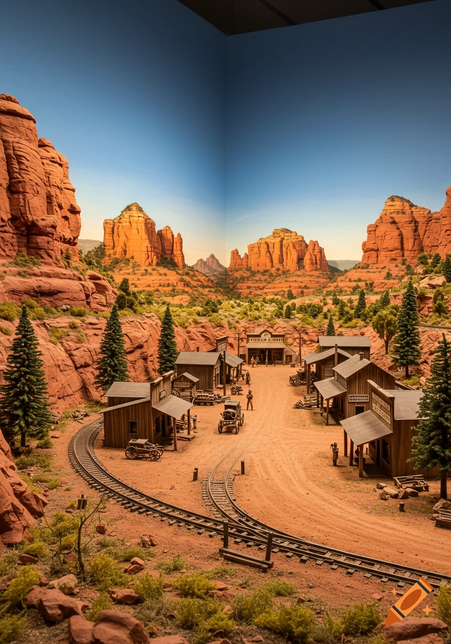 A detailed miniature diorama depicts an Old West town with a train track, surrounded by red rock mountains under a blue sky.