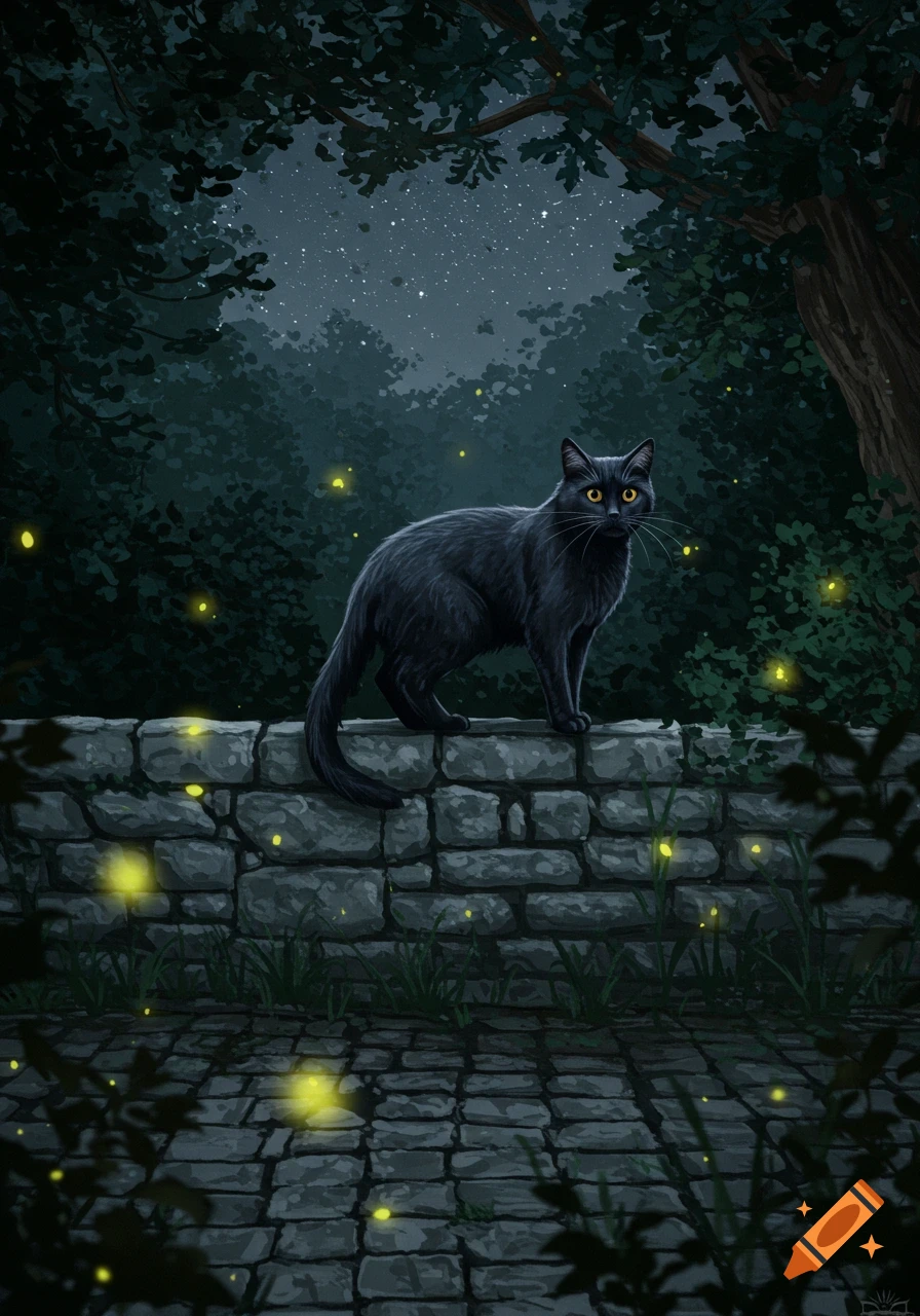 A black cat with glowing yellow eyes stands on a stone wall in a dark, moonlit forest, surrounded by fireflies.