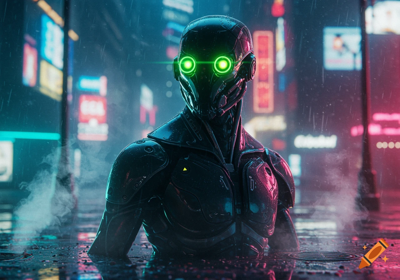 A close-up shot of a dark metallic robot with glowing green eyes, standing in a rainy cyberpunk city street with neon signs.