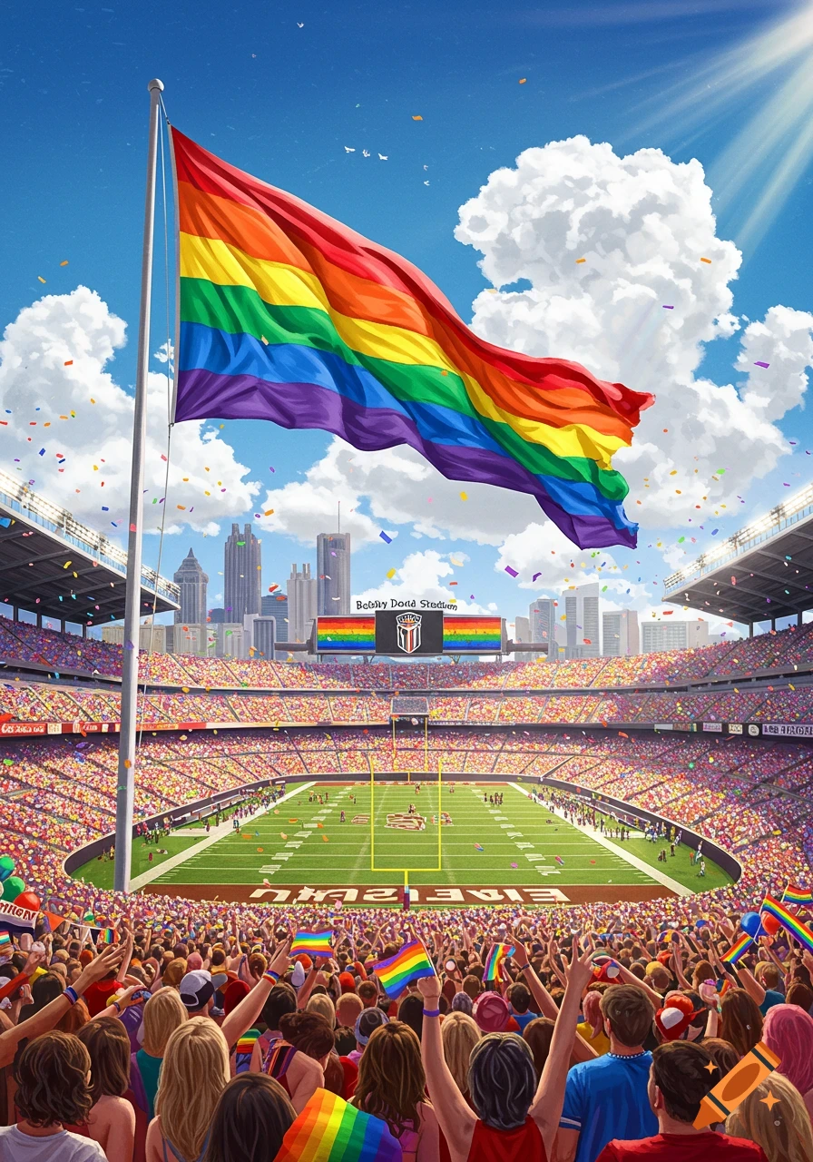 A vibrant, panoramic view of a packed football stadium under a sunny sky, with a huge rainbow pride flag flying prominently. Confetti falls around the flag, and the stands are filled with cheering spectators, many holding smaller rainbow flags.