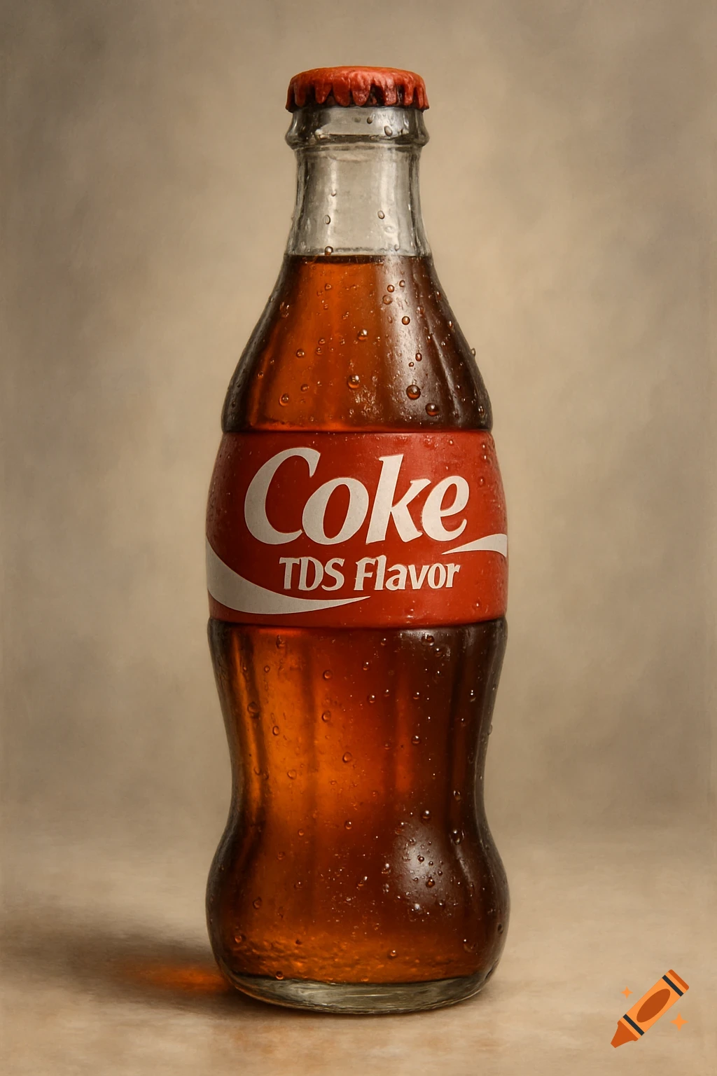 Photorealistic image of a sweating Coca-Cola bottle with 'Coke TDS Flavor' on the label, containing an orange liquid.