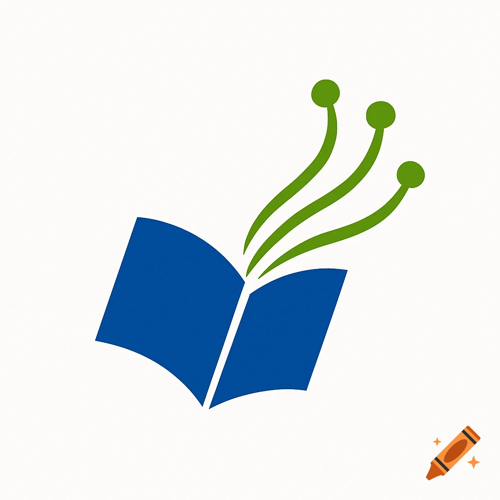 A minimalist logo of an open blue book with three green curving lines, each ending in a small green circle, extending upwards.