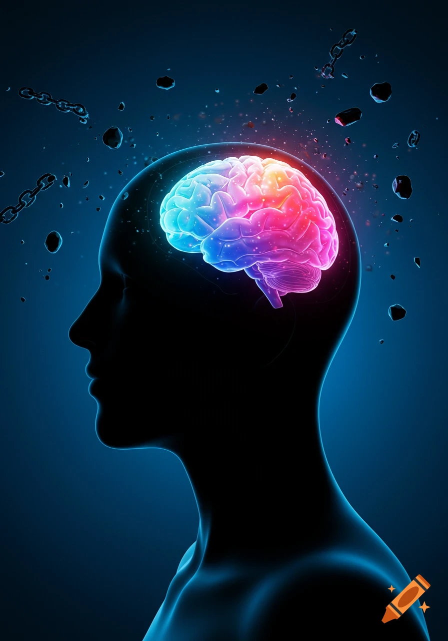 Stylized human head silhouette in profile with a glowing, colorful brain. Broken chains and floating rocks surround the head on a blue background.