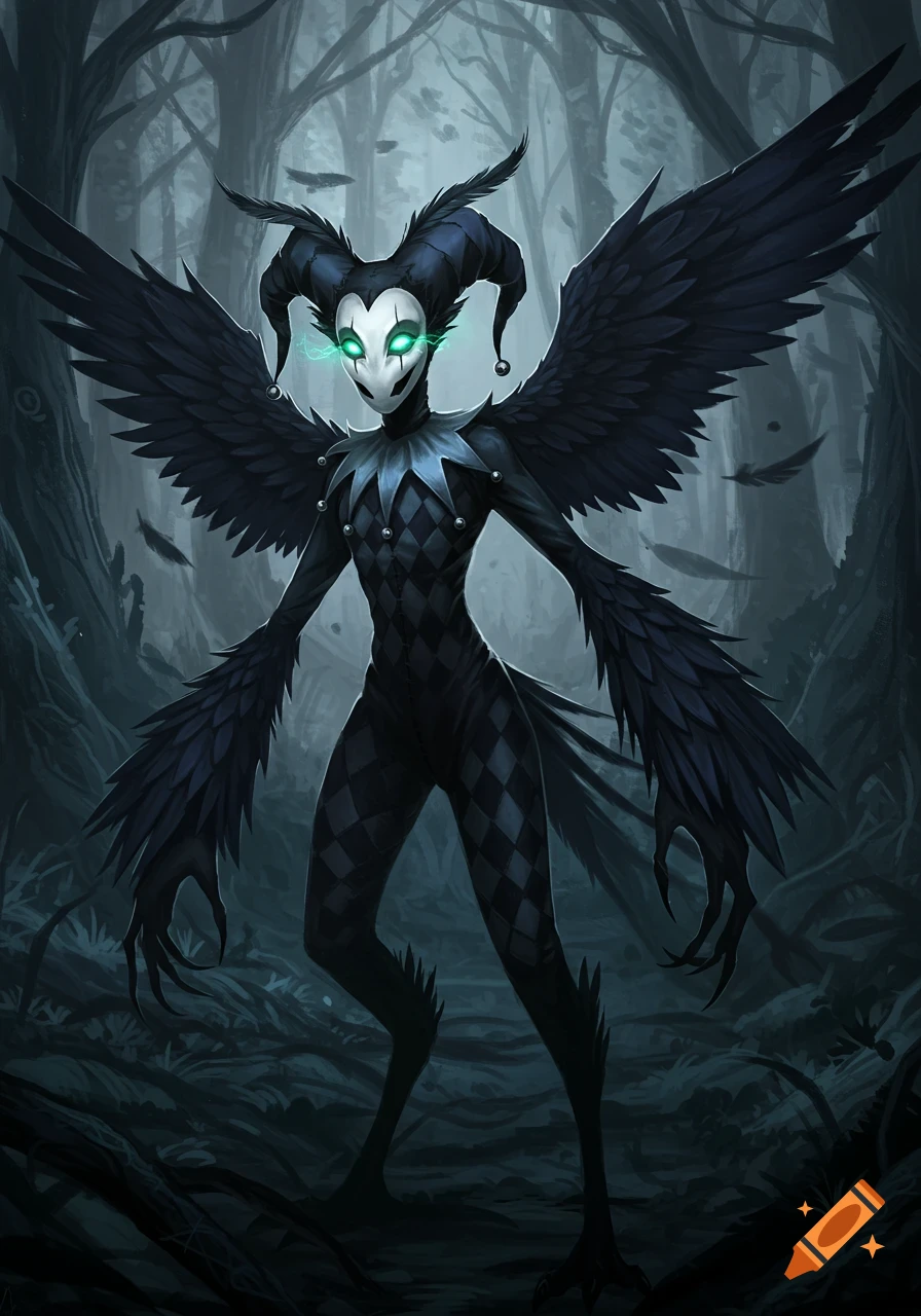 A dark, jester-like creature with glowing green eyes, black wings, and a harlequin pattern stands in a dim forest.