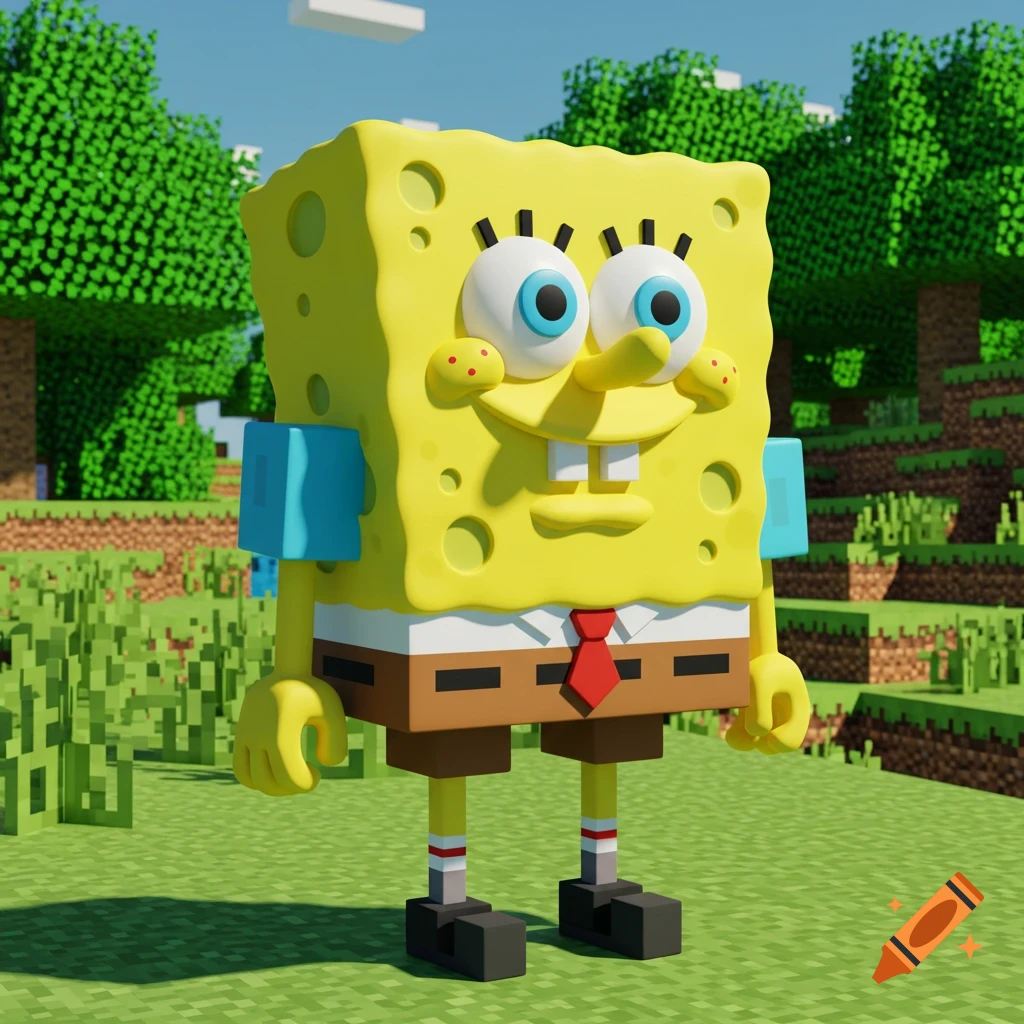Spongebob Squarepants character rendered in a blocky Minecraft style standing in a blocky grass field under a blue sky.
