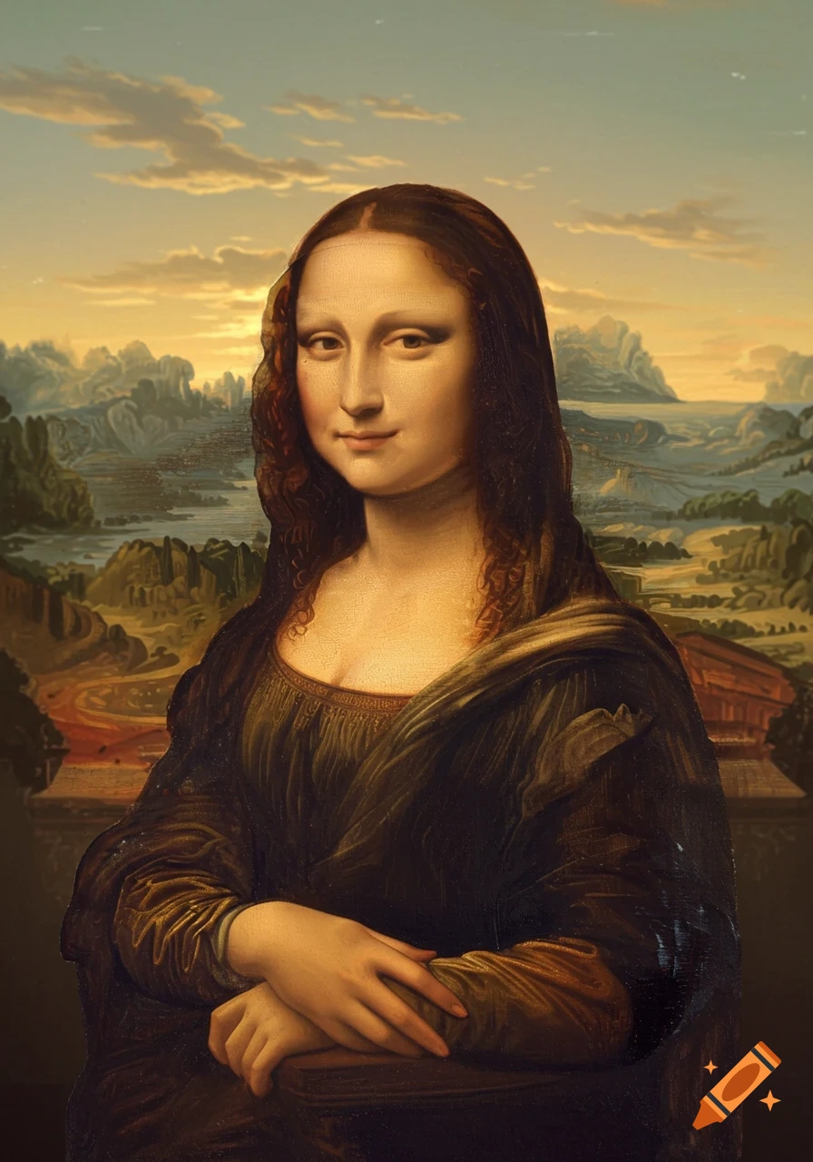 A classical portrait of the Mona Lisa with her iconic smile against a landscape background.