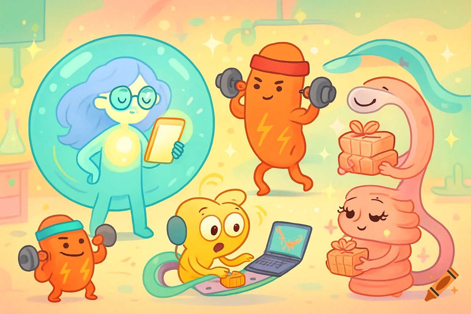 A whimsical cartoon illustration of anthropomorphic cells and organelles, including one in a bubble, one lifting weights, one on a laptop, and two holding gifts.