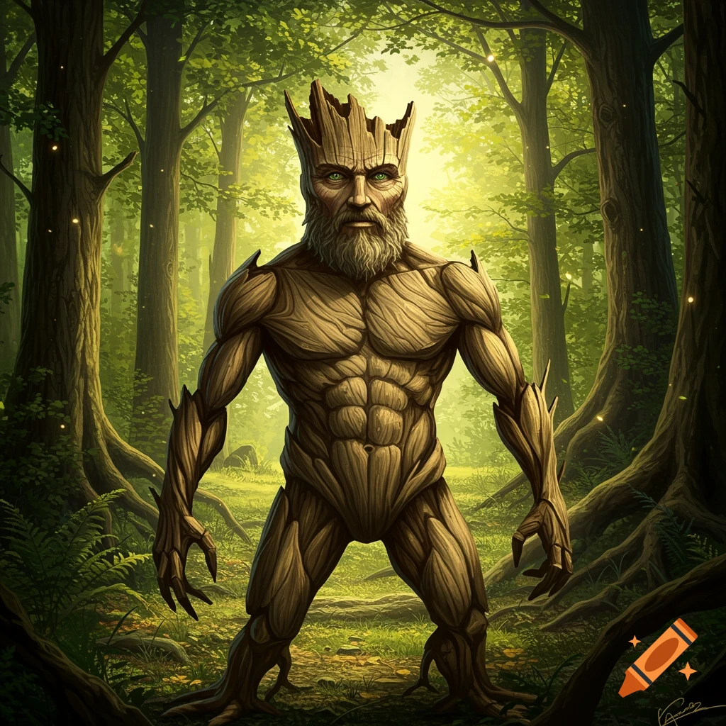 A tall, muscular humanoid creature with bark skin and a wooden crown, standing in a lush, green forest.