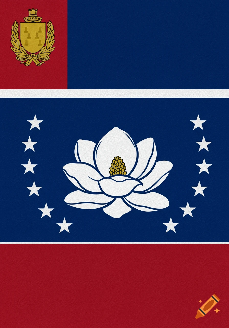 A flag design with red top and bottom stripes, a white middle stripe, and a blue central section featuring a white magnolia flower surrounded by white stars. A golden crest is in the top-left.