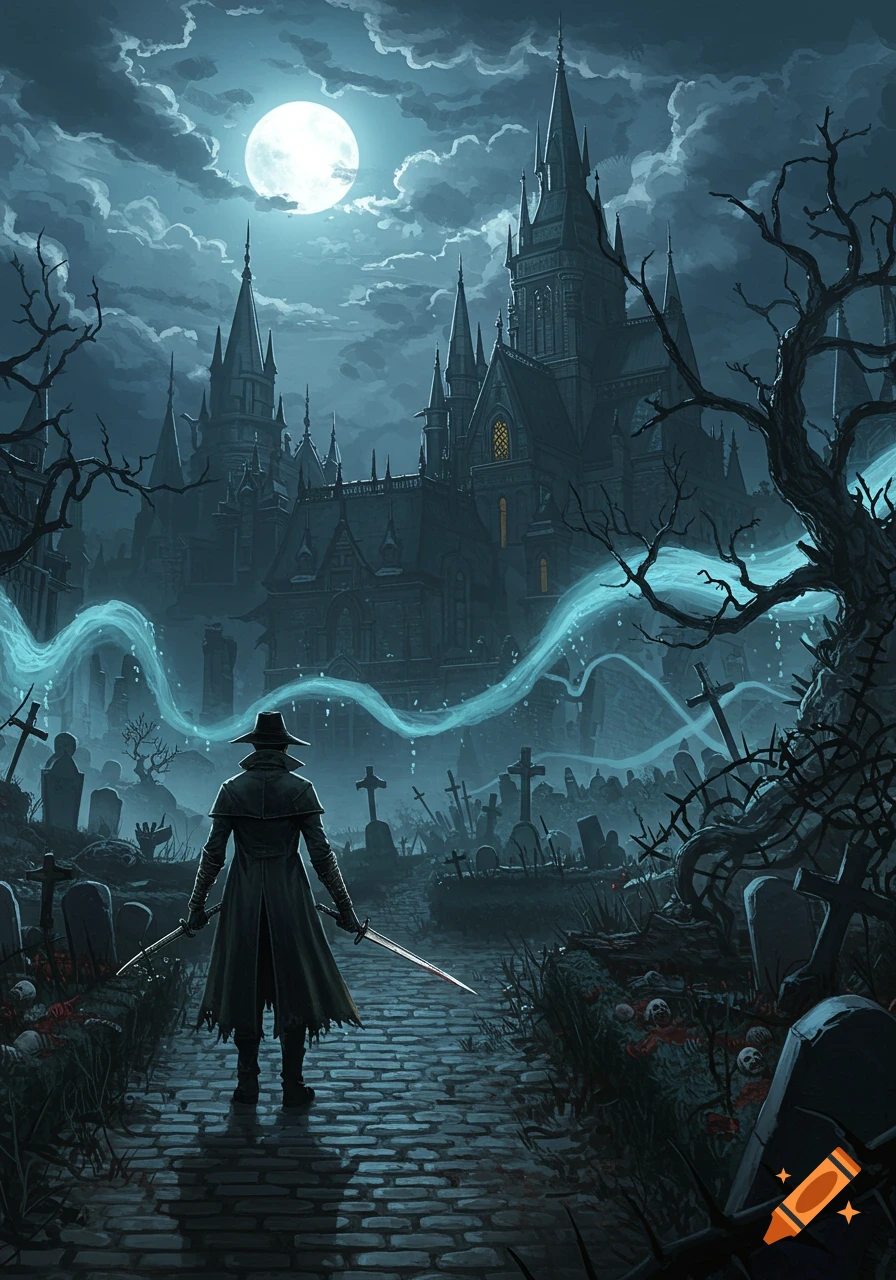 A lone figure in a long coat holds two swords, standing on a stone path in a dark graveyard under a full moon, with a large gothic castle in the background.