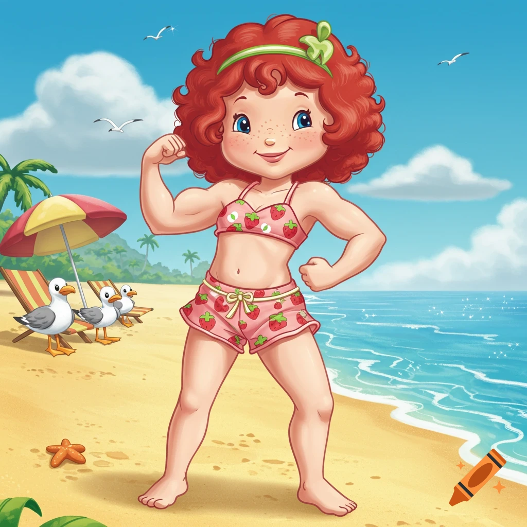 A cartoon character with red curly hair and a strawberry bikini flexes her muscles on a sunny beach.