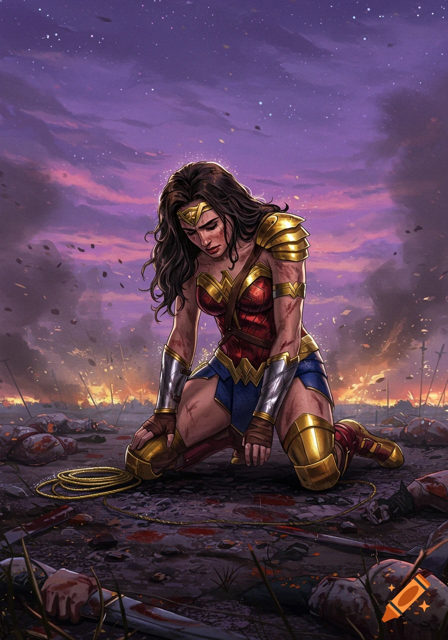 Wonder Woman kneels wounded and defeated on a battlefield littered with bodies and blood, under a purple sky.