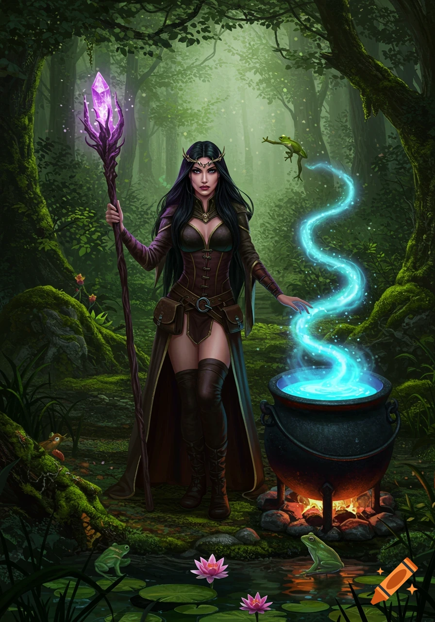 A dark-haired sorceress in a forest, holding a crystal staff and standing by a glowing blue cauldron with frogs and lily pads.