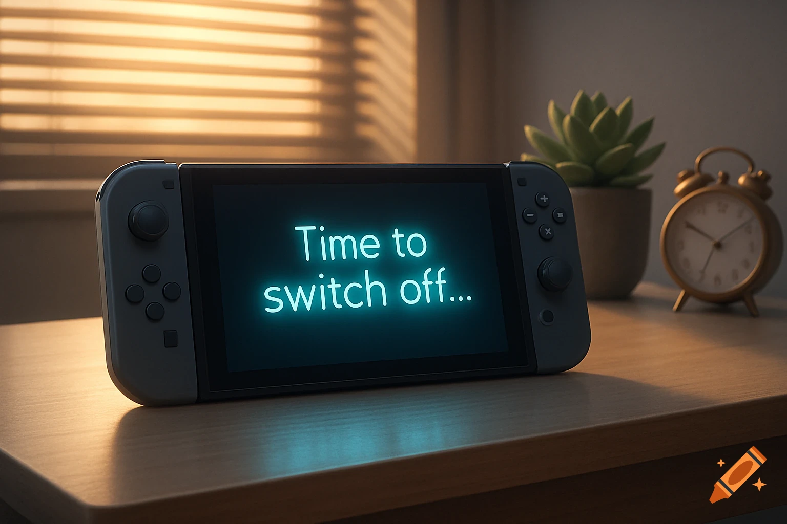 A Nintendo Switch console on a wooden table displays "Time to switch off..." on its screen, with an alarm clock and plant nearby.