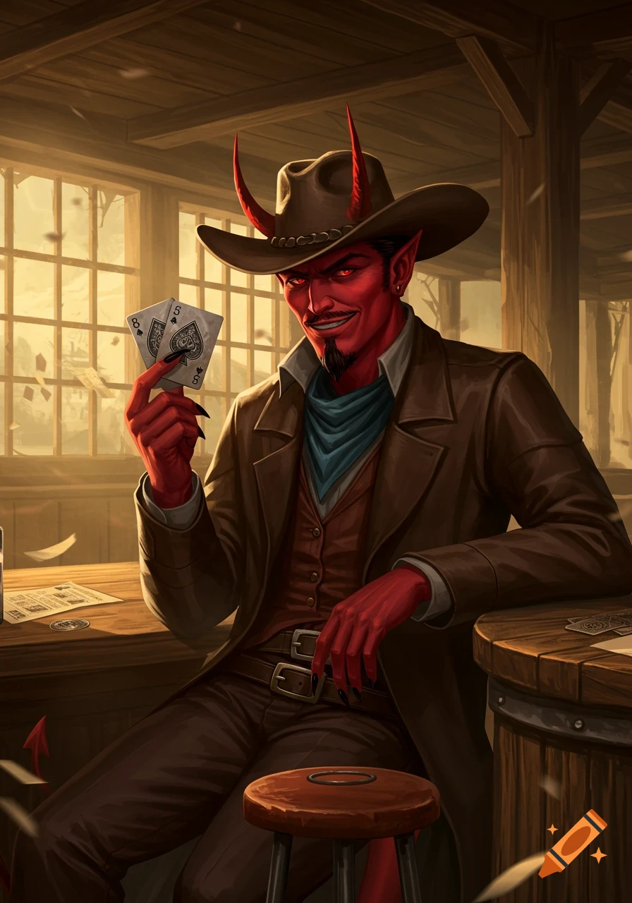 A red-skinned devil in a cowboy hat and suit sits at a saloon table, holding the 8 and 5 of spades.