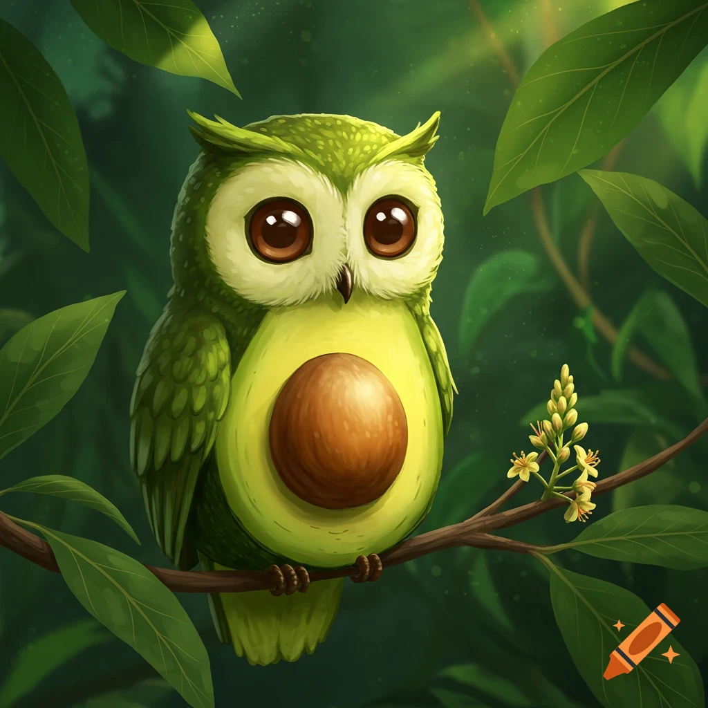 A cute cartoon owl with an avocado for a body sits on a leafy branch in a lush green forest.