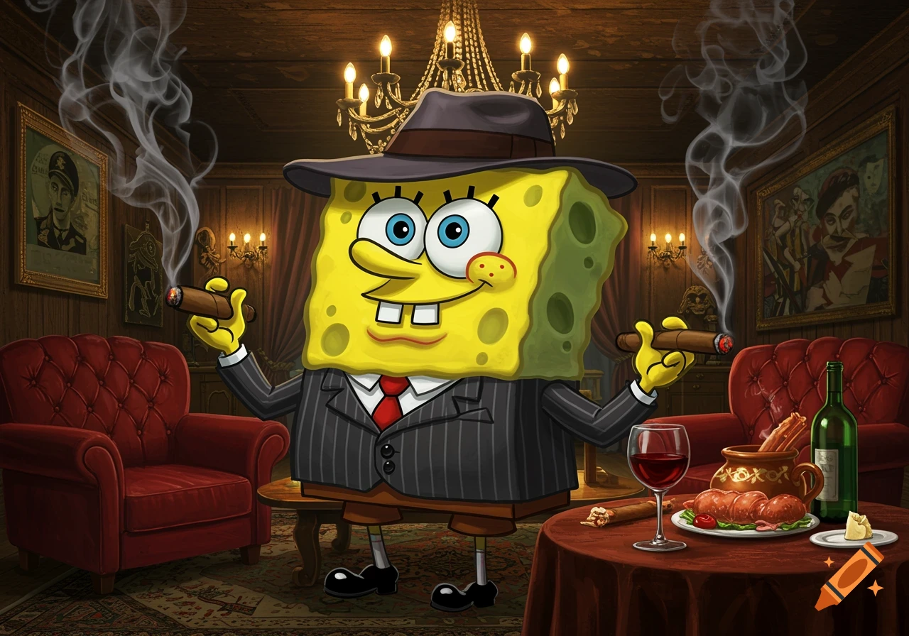 SpongeBob SquarePants, dressed as a mobster in a pinstripe suit and fedora, holds two lit cigars in a dimly lit, luxurious room with red armchairs, a chandelier, and a table with wine and food.