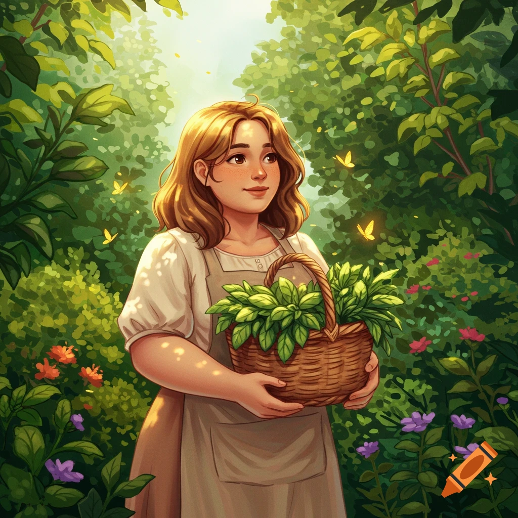 An illustration of a young woman with golden brown hair holding a basket of herbs in a lush, sunlit garden with glowing butterflies.