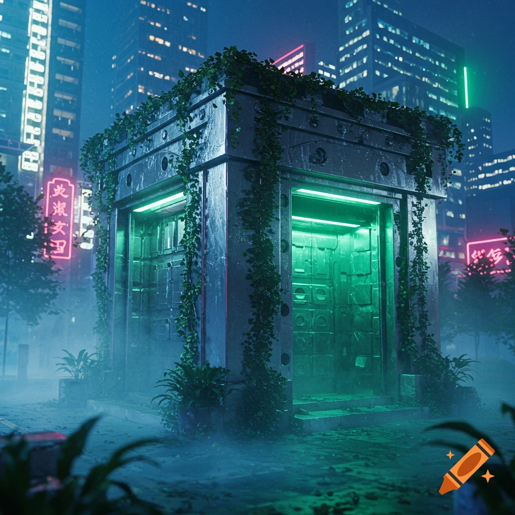 A mossy, weathered concrete shelter with glowing green lights in a misty, futuristic city at night.