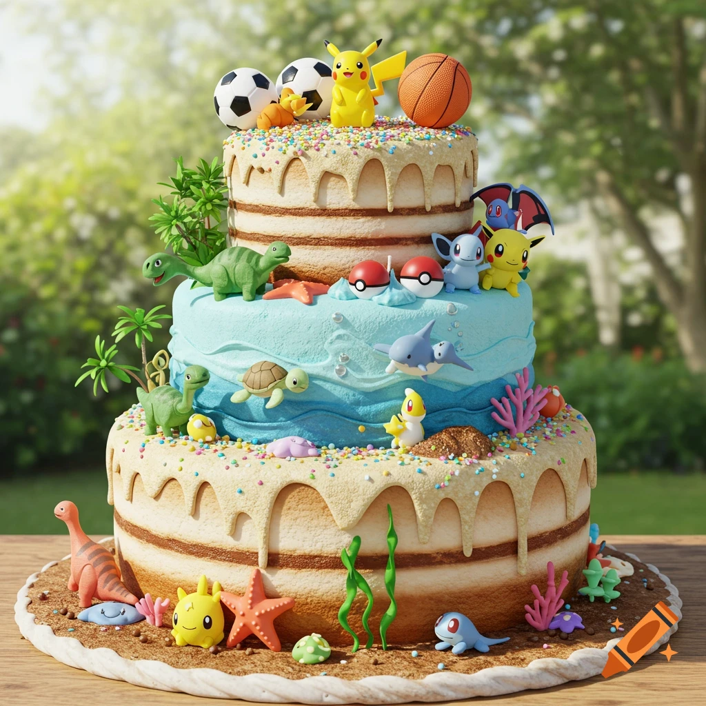 A multi-tiered birthday cake decorated with realistic-looking Pokemon, dinosaurs, ocean animals, soccer balls, and a basketball, set outdoors.