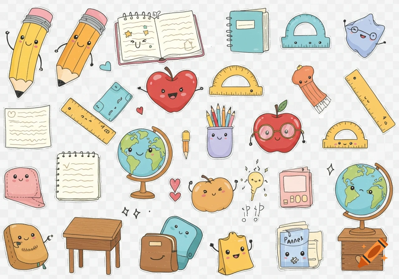 A collection of cute cartoon school supplies like pencils, rulers, globes, books, apples, a desk, and backpacks with smiling faces, all on a transparent background.