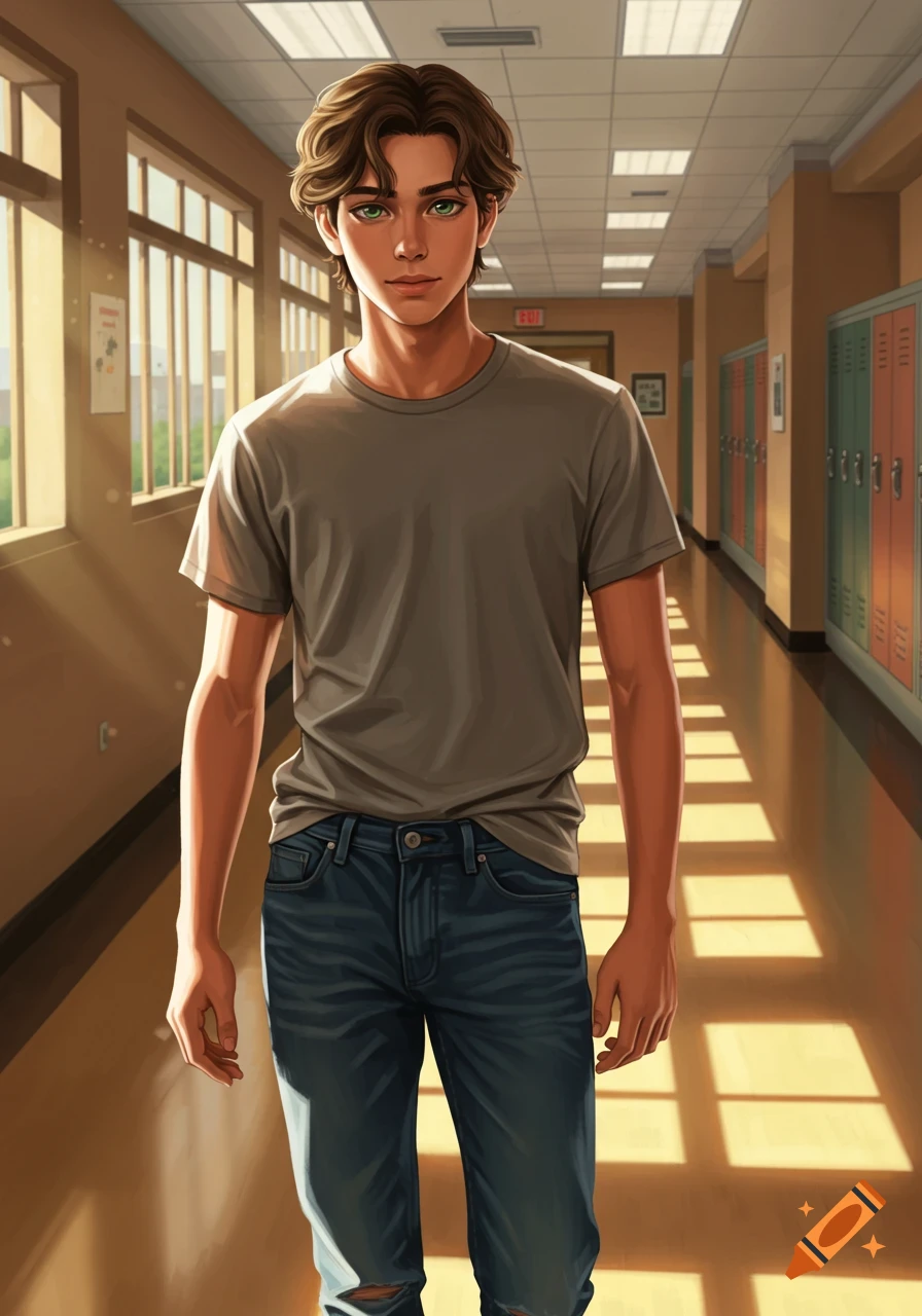 A tall, lean young man with brown fluffy hair and green eyes stands in a school hallway bathed in sunlight, wearing a grey t-shirt and blue jeans.
