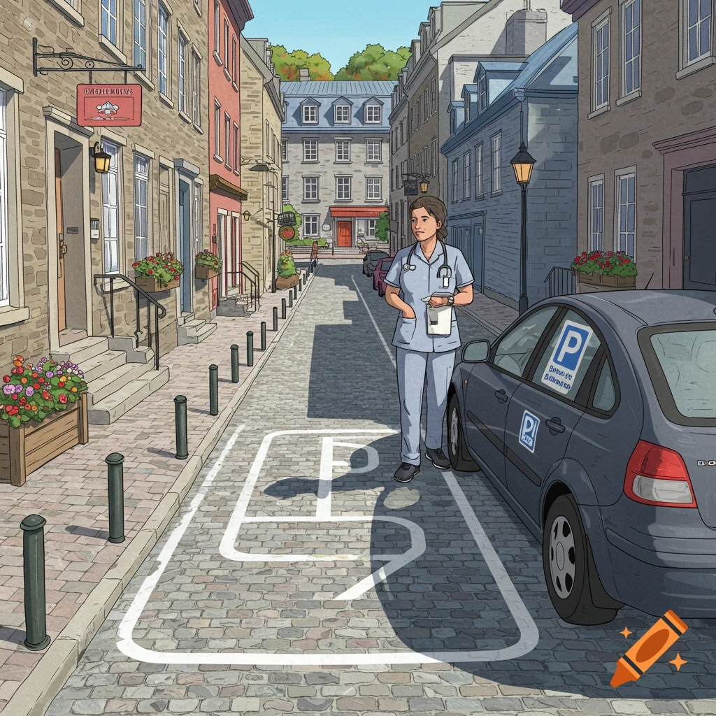 An illustration of a medical professional in light blue scrubs and stethoscope standing next to a grey car on a cobblestone street in an old city. Buildings line both sides of the street. Parking symbols are painted on the road and visible on the car.
