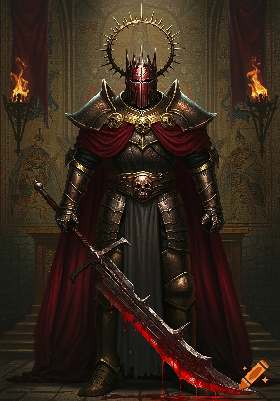 A dark fantasy knight in elaborate armor and a red cape, wearing a spiked halo, stands holding a blood-dripping sword in a gothic hall.