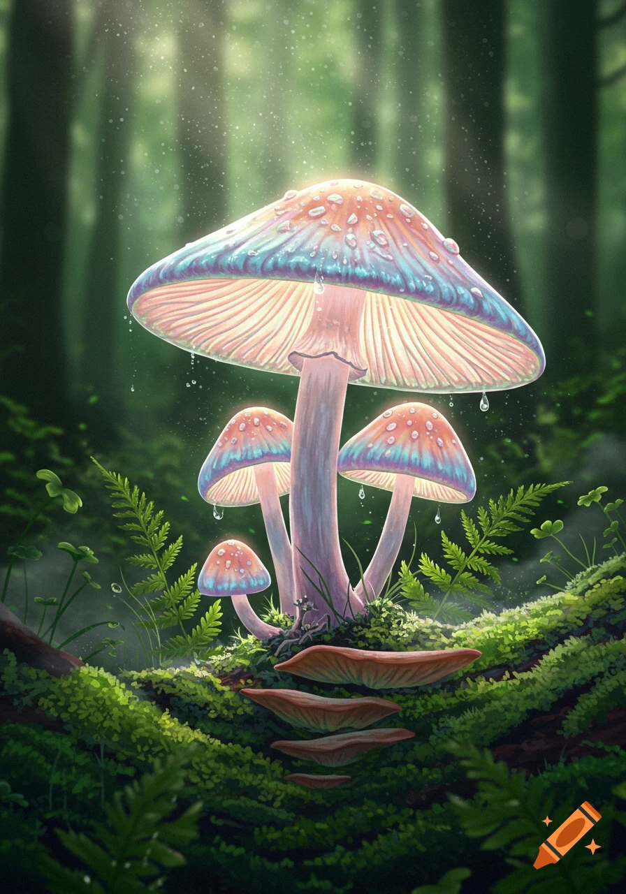 Vibrant glowing mushrooms with raindrops on a mossy log in an ethereal forest, digital illustration.