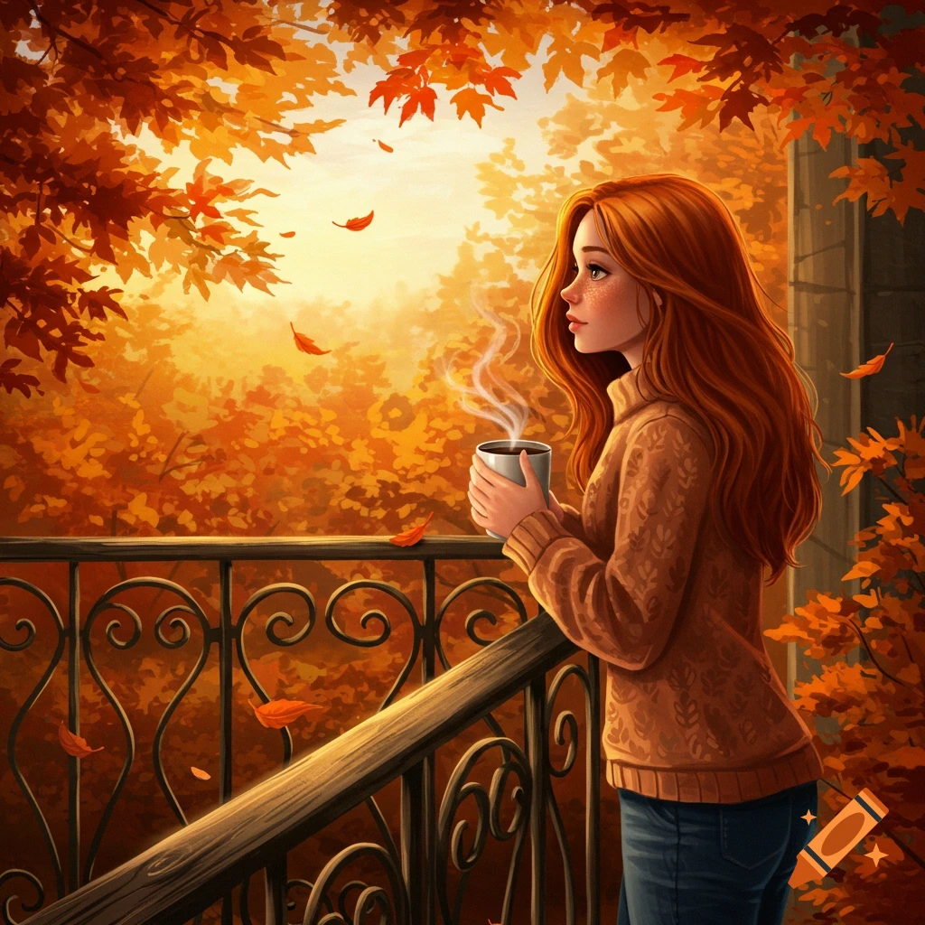 An illustrated girl with red hair on a balcony, holding coffee, looking out at a vibrant autumn forest.