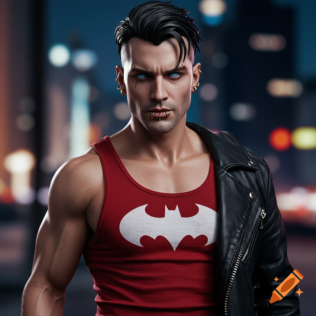 A photorealistic portrait of Jason Todd in a red tank top with a white Batman logo, black leather jacket, blue eyes, and face piercings, against a blurry city background.