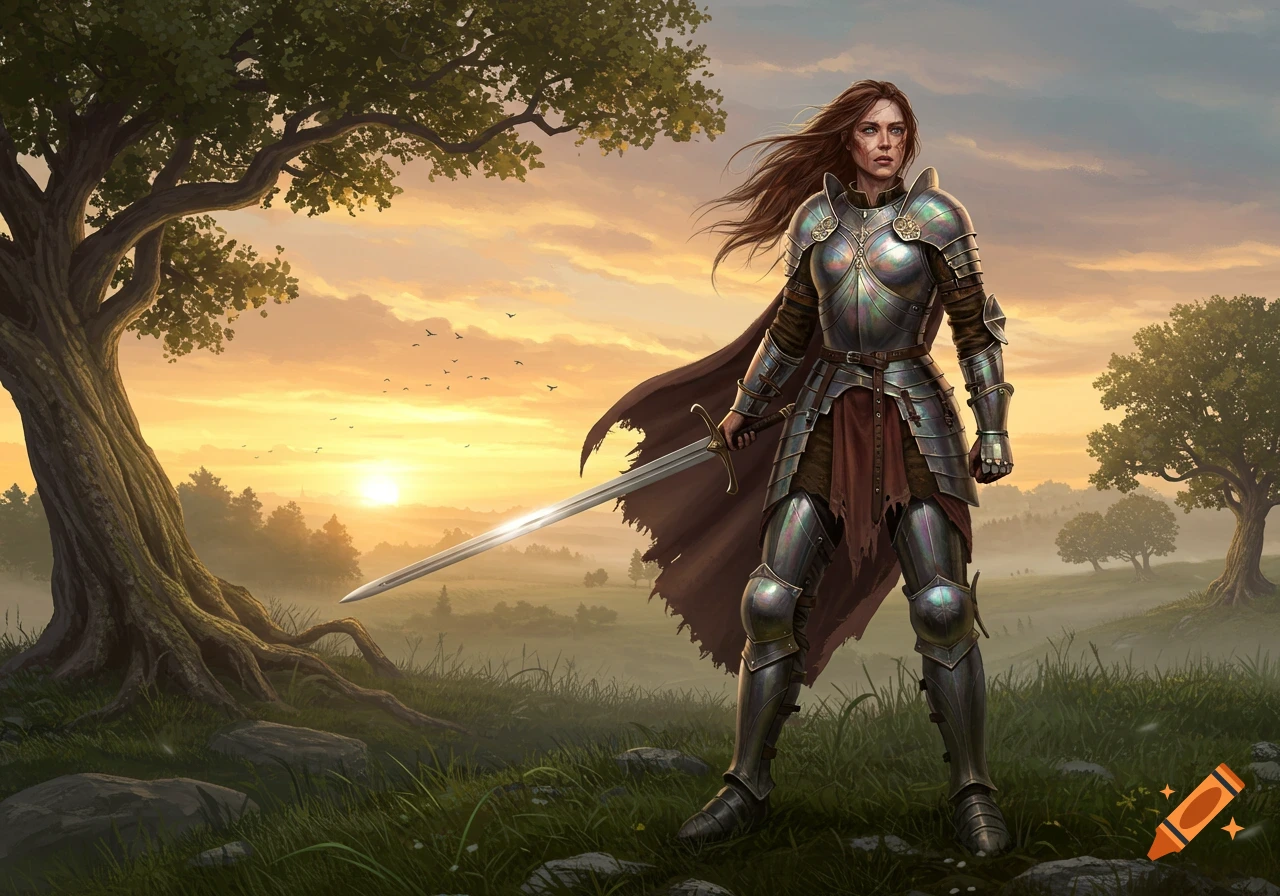 Female warrior in full plate armor holding a sword, standing in a field at sunset, fantasy illustration.