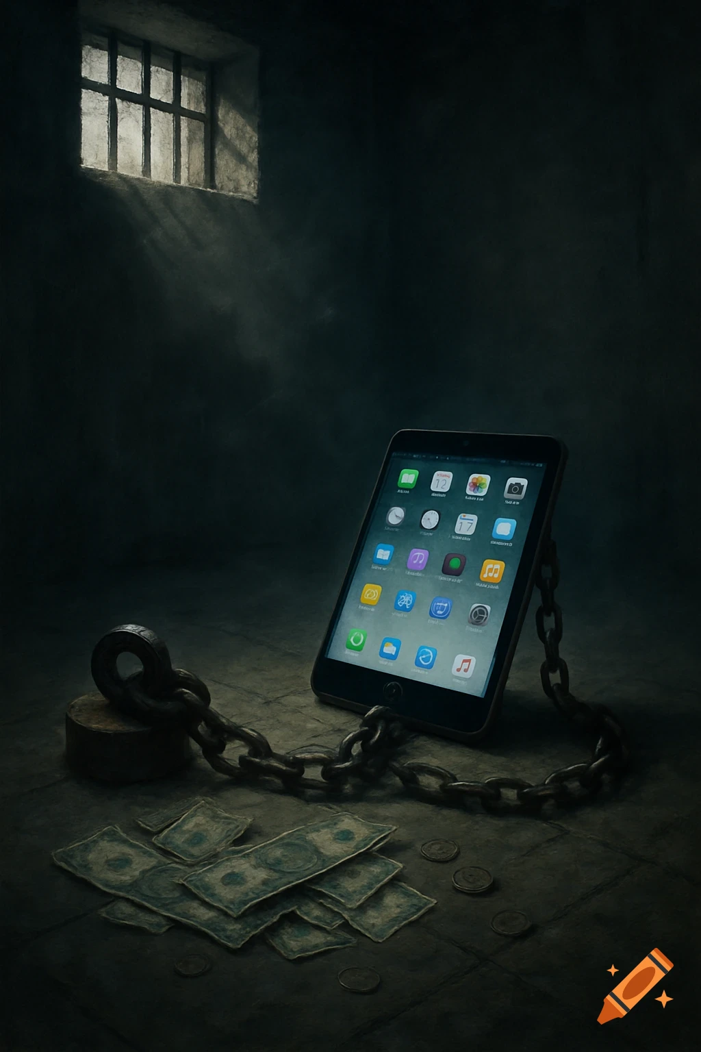 A tablet is chained to the floor of a dimly lit prison cell, with money scattered nearby, under light from a barred window.
