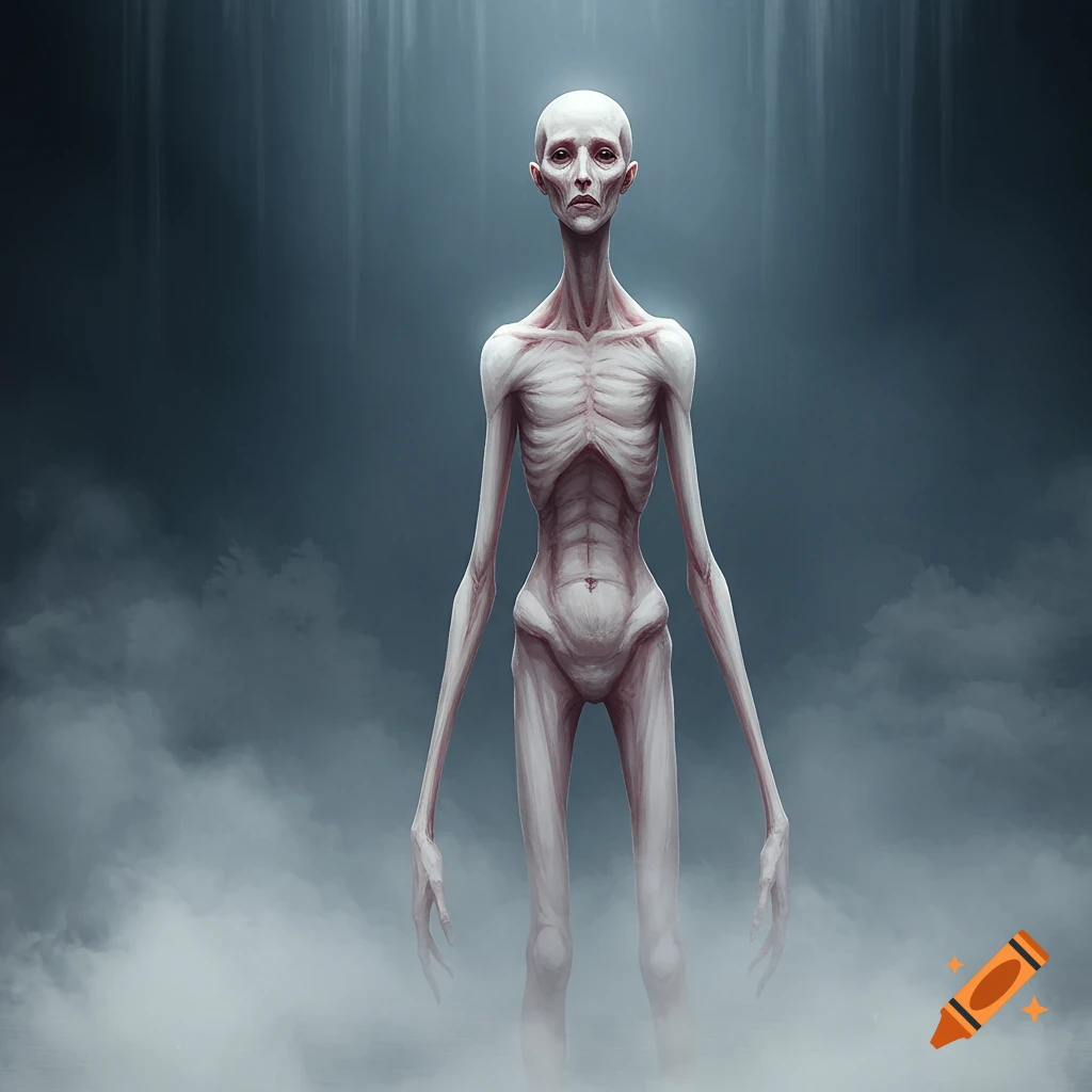 A pale, emaciated humanoid creature with long limbs stands in a misty, dark environment.