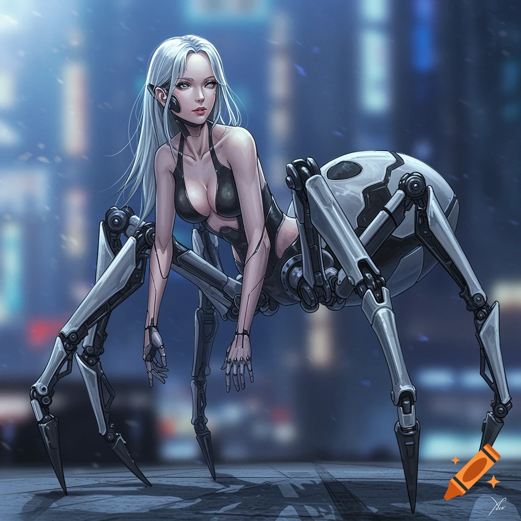An illustration of a woman with long white hair and a revealing black top, attached to a gray cyborg spider body with eight legs, standing in a rainy city.