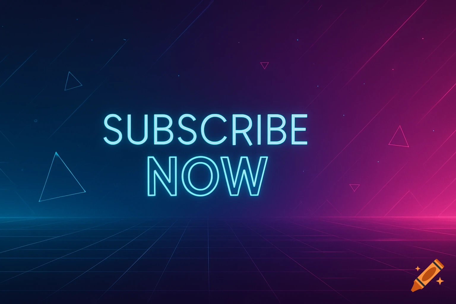 Neon blue text 'SUBSCRIBE NOW' on a dark gradient background with a glowing grid and abstract shapes.