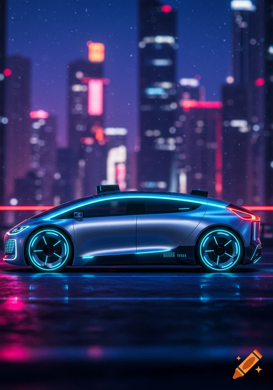 A sleek, futuristic silver autonomous car with glowing neon blue lights parked on a wet street at night, with a blurry cyberpunk city skyline in the background.