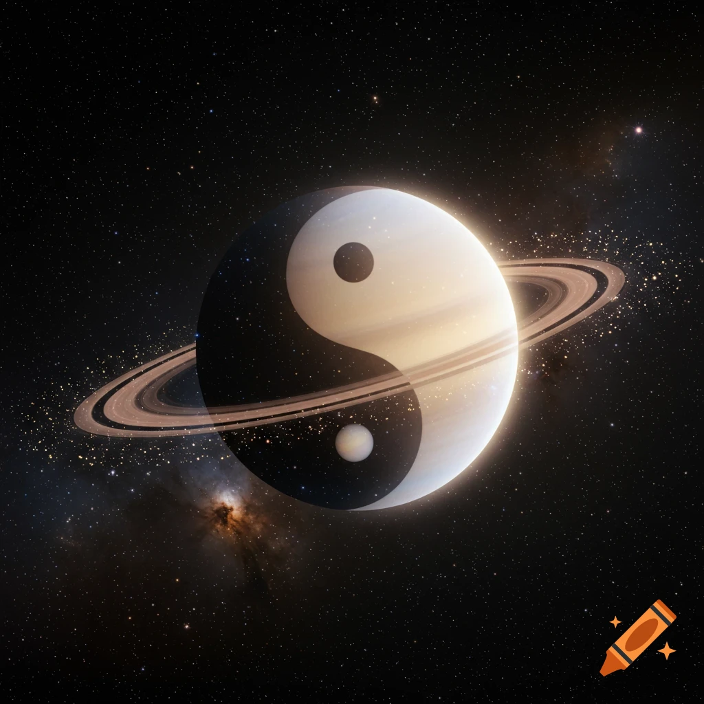A celestial yin-yang symbol resembling Saturn with its rings, set against a starry cosmic background.