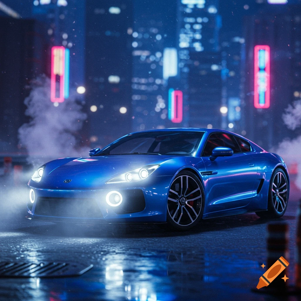 A vibrant blue electric sports car with glowing headlights parked on a wet street at night, with a blurred cyberpunk city background.
