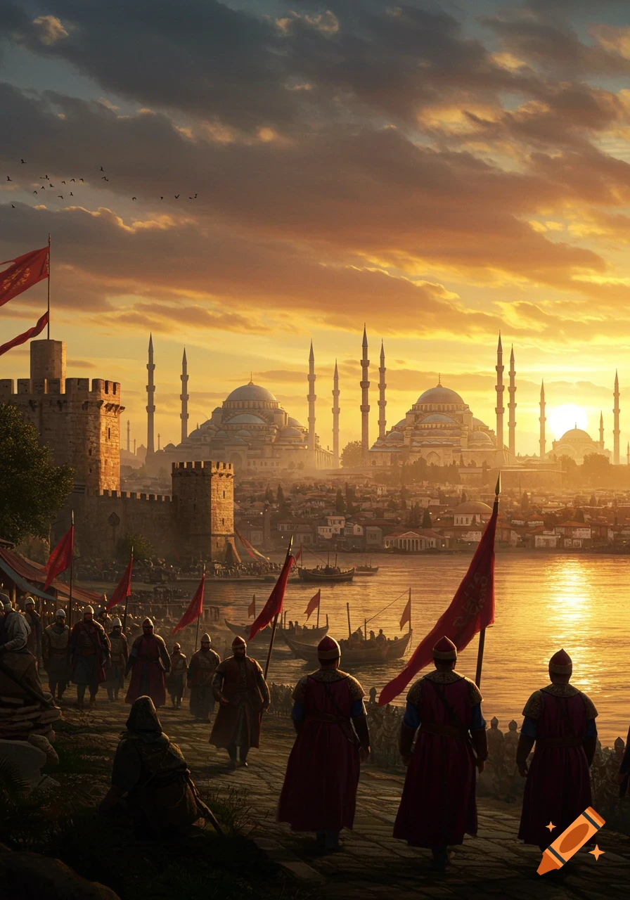 A panoramic, photorealistic historical scene of a city with mosques and castle walls at sunset, with soldiers marching along a waterfront.