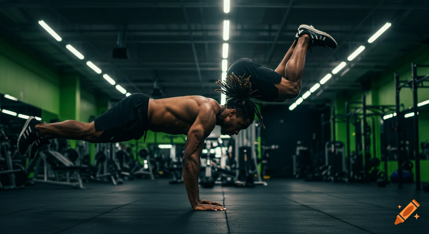 A muscular black man with dreadlocks performs a one-handed plank or handstand in a brightly lit gym.