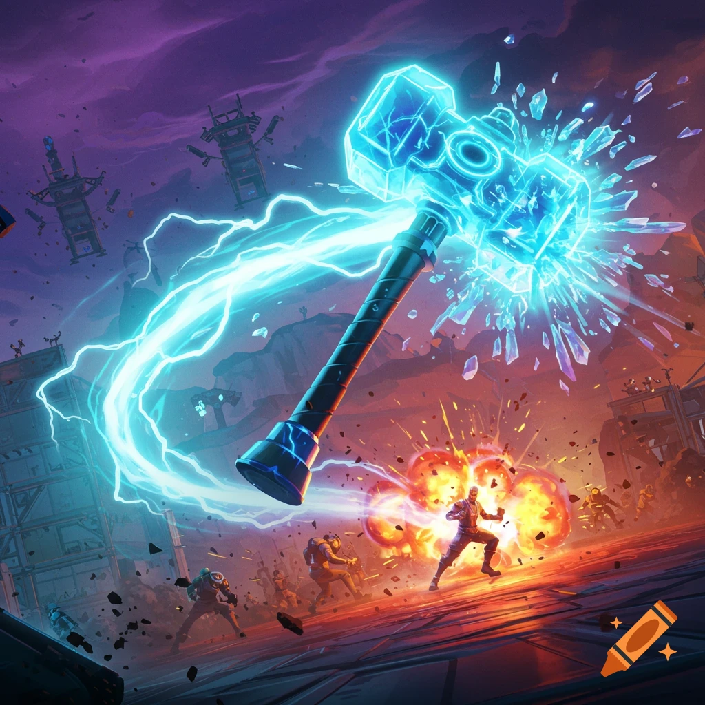 A giant glowing blue hammer strikes a figure in an explosion amidst other characters in a stylized, action-packed video game scene.